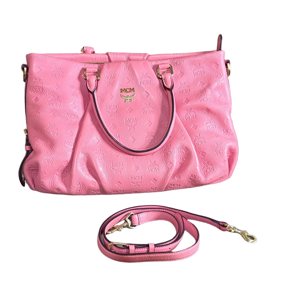MCM Pink Embossed Leather Satchel Crossbody Tote with Detachable Strap